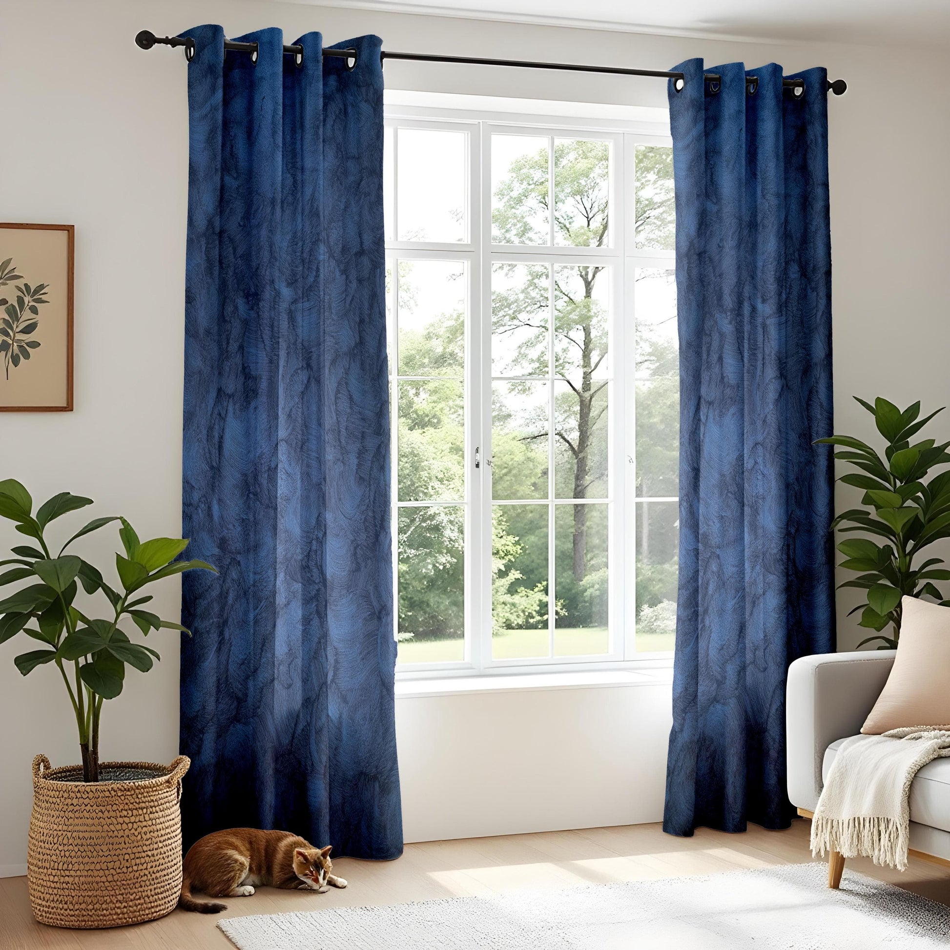 Onay Deep Blue Textured Living Room Curtains, Modern Abstract Painted Drapes