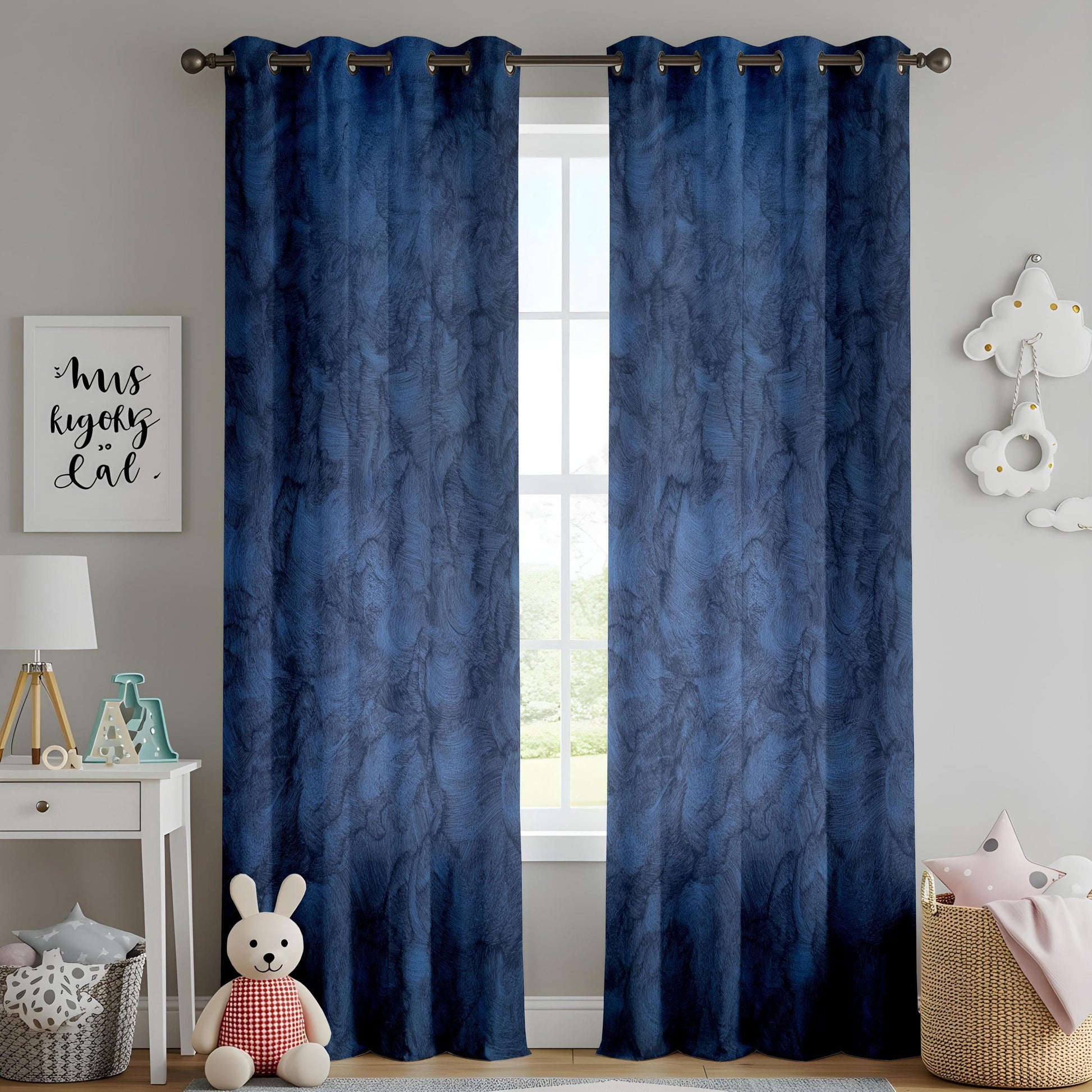 Onay Deep Blue Textured Living Room Curtains, Modern Abstract Painted Drapes