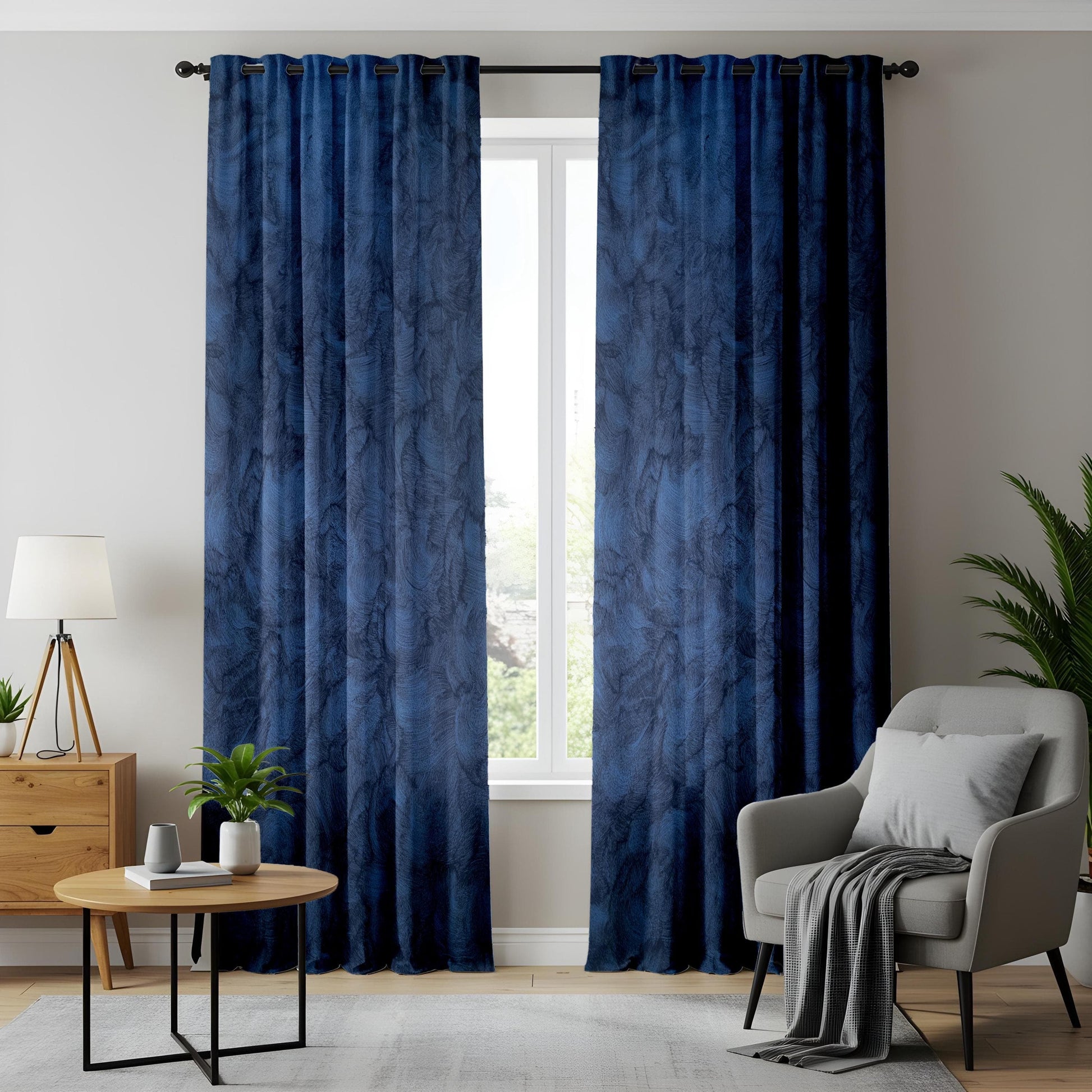 Onay Deep Blue Textured Living Room Curtains, Modern Abstract Painted Drapes