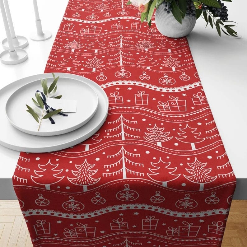 Onay 4 / 12 x 46 inch (30 x 120 cm) Deer and Snowflake Pine Tree Pattern Red Table Runner