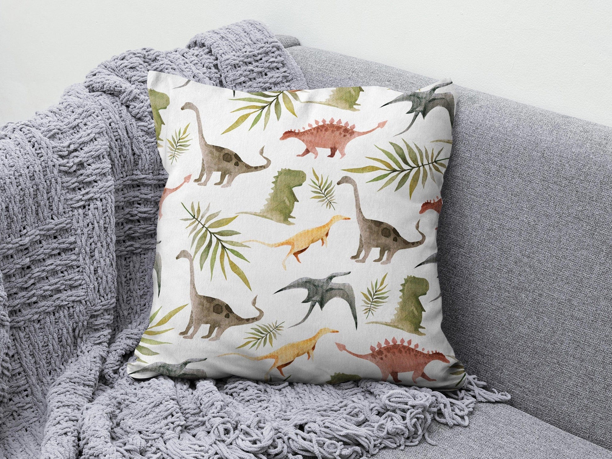 Onay 4 / 12 x 12 inch (30 x 30 cm) Dinosaur Green & White Kids Room Decor Cushion Cover