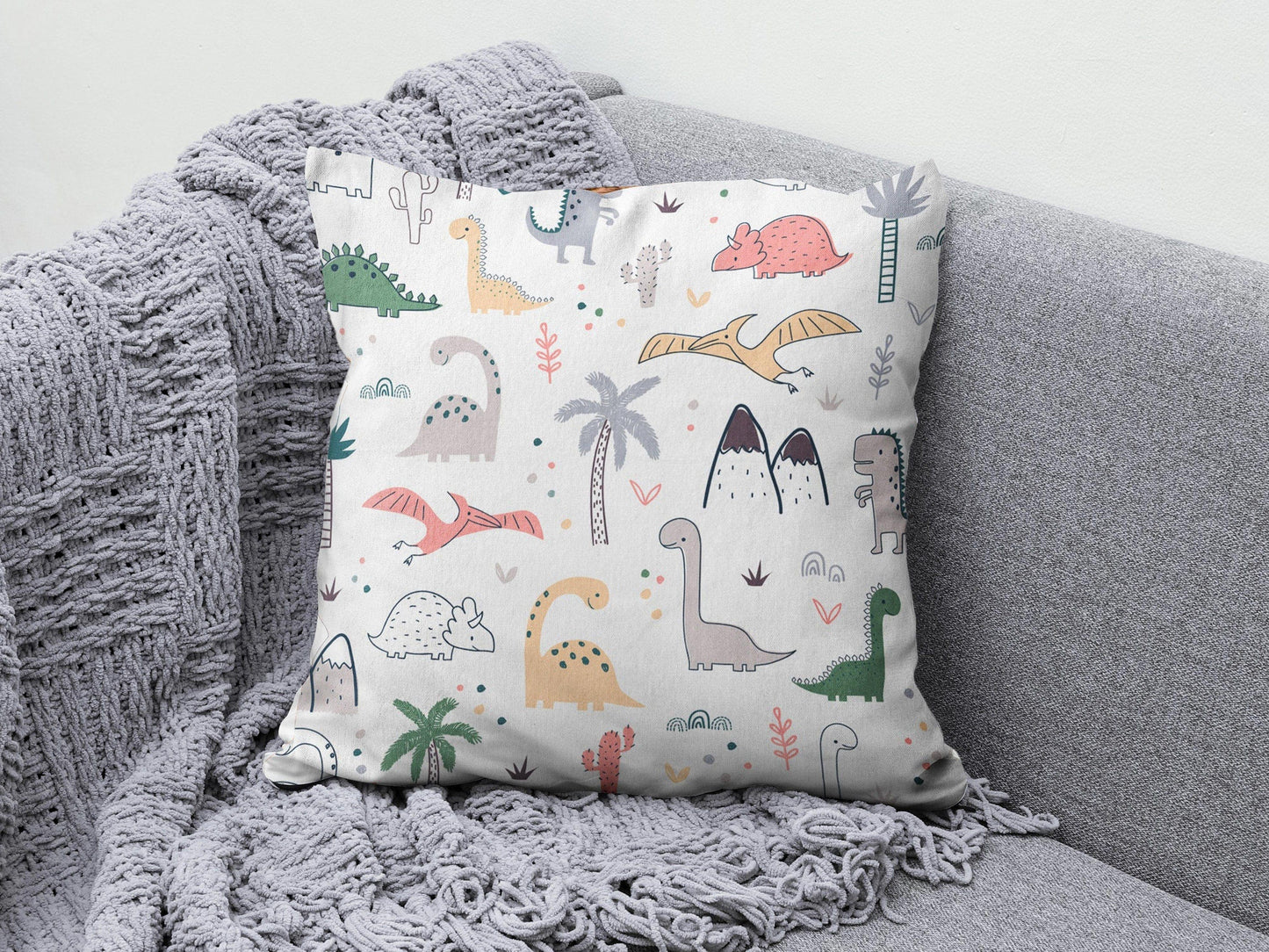 Onay 3 / 12 x 12 inch (30 x 30 cm) Dinosaur Green & White Kids Room Decor Cushion Cover