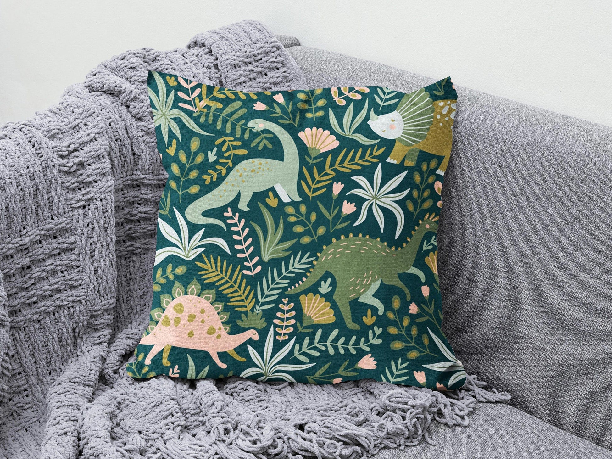 Onay 2 / 12 x 12 inch (30 x 30 cm) Dinosaur Green & White Kids Room Decor Cushion Cover