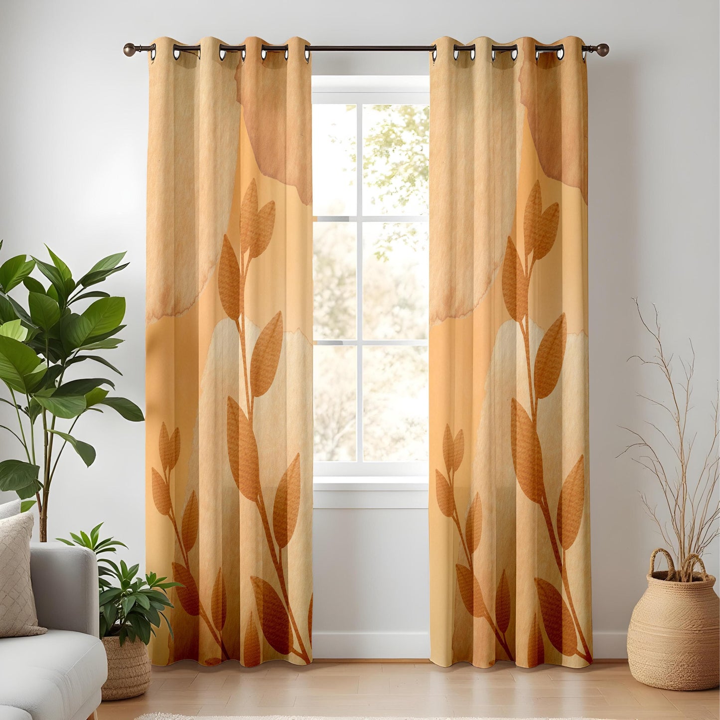Onay Earth Tone Leaf Print Living Room Curtains, Minimal Botanical Drapes