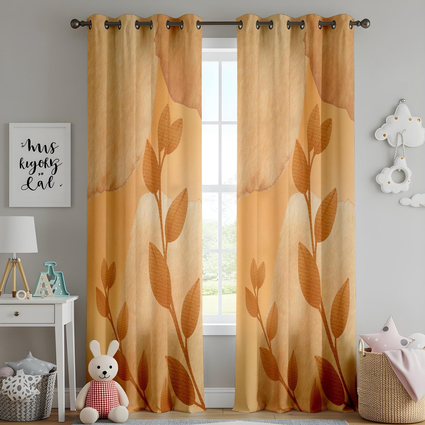 Onay Earth Tone Leaf Print Living Room Curtains, Minimal Botanical Drapes