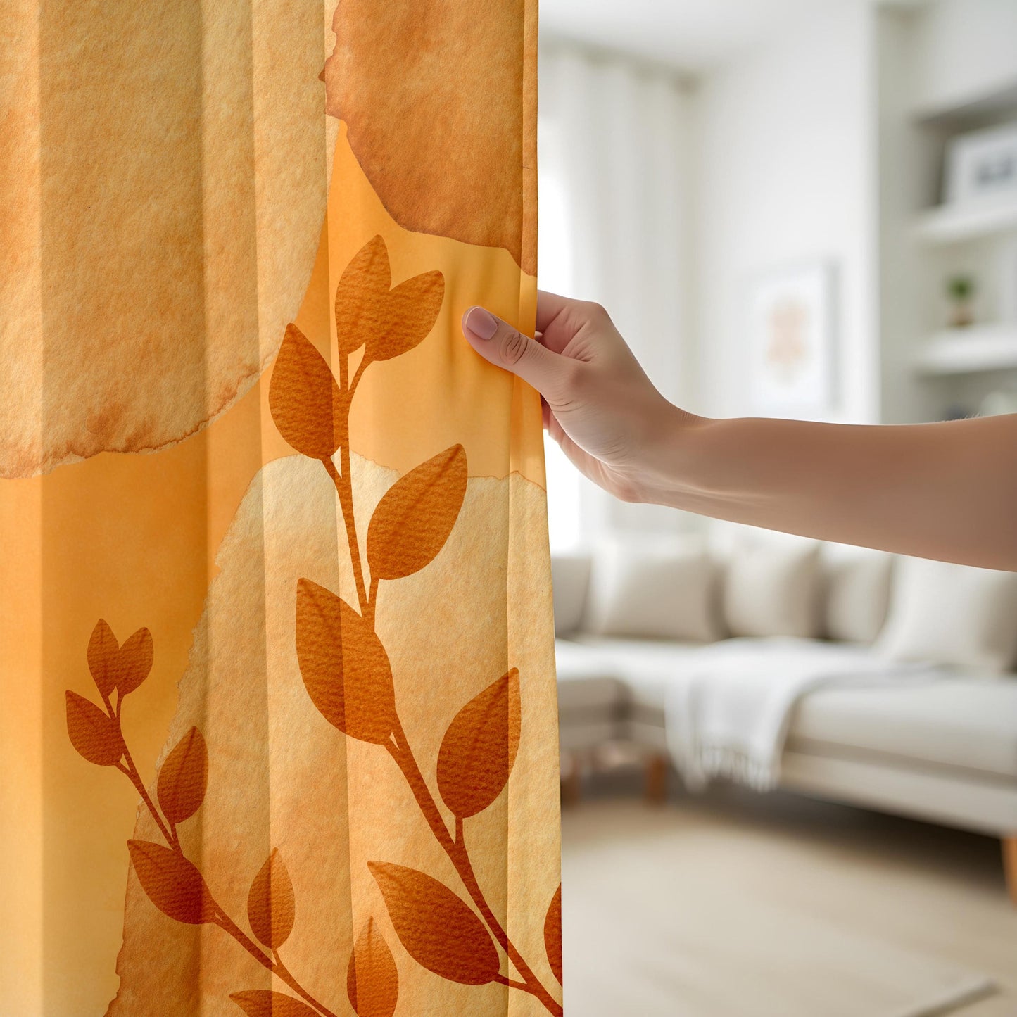 Onay Earth Tone Leaf Print Living Room Curtains, Minimal Botanical Drapes