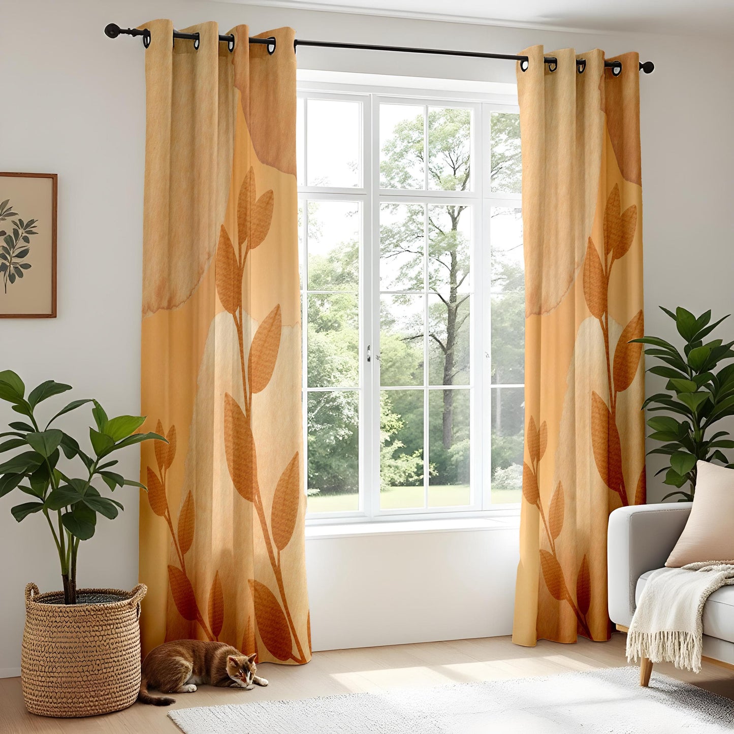 Onay Earth Tone Leaf Print Living Room Curtains, Minimal Botanical Drapes