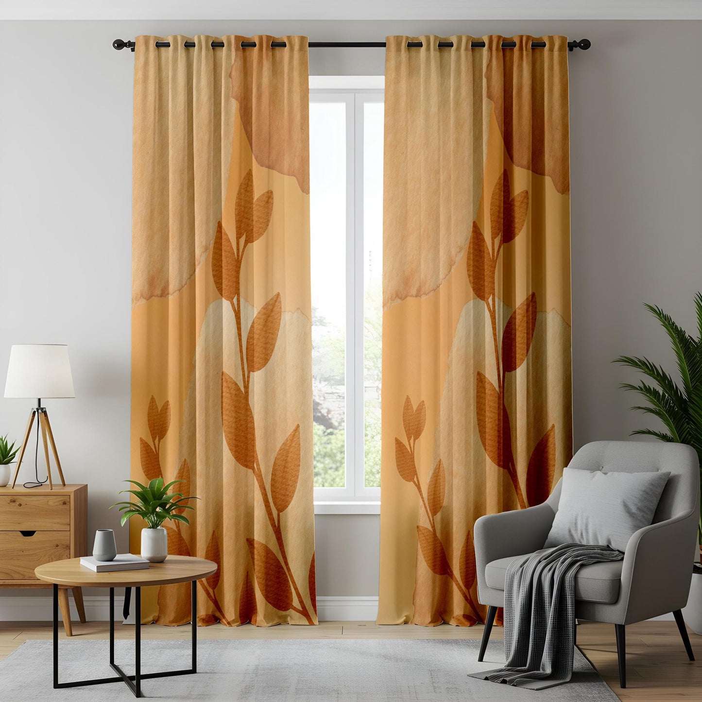 Onay Earth Tone Leaf Print Living Room Curtains, Minimal Botanical Drapes