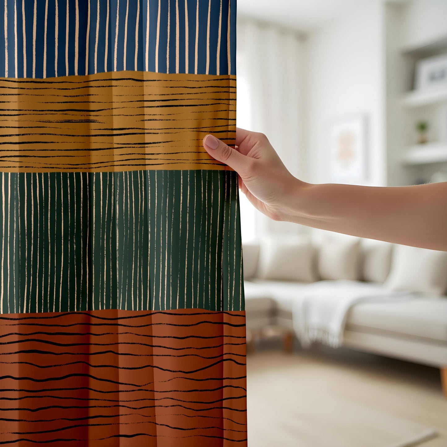 Onay Earthy Boho Stripe Curtains – Hand-Painted Abstract Drapes for Rustic Interiors