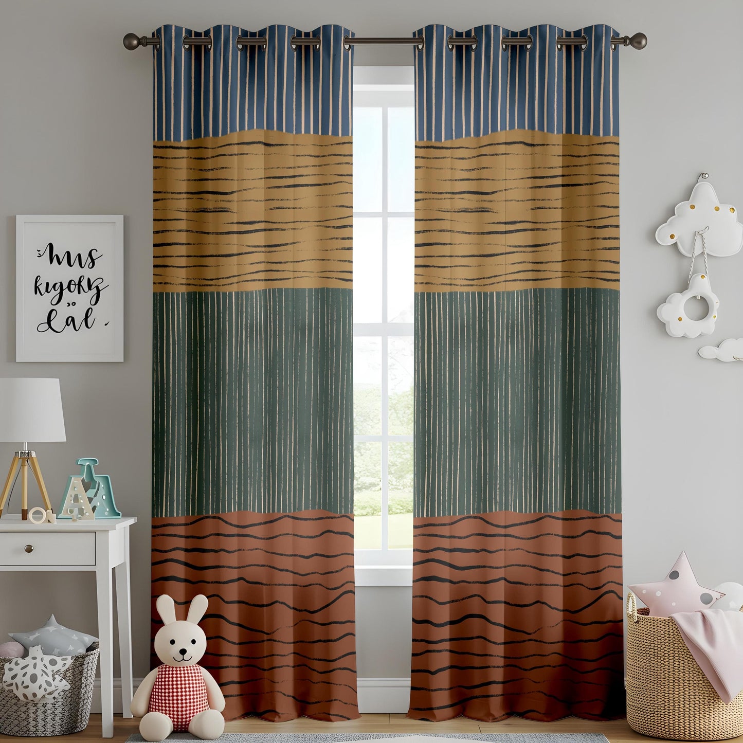 Onay Earthy Boho Stripe Curtains – Hand-Painted Abstract Drapes for Rustic Interiors
