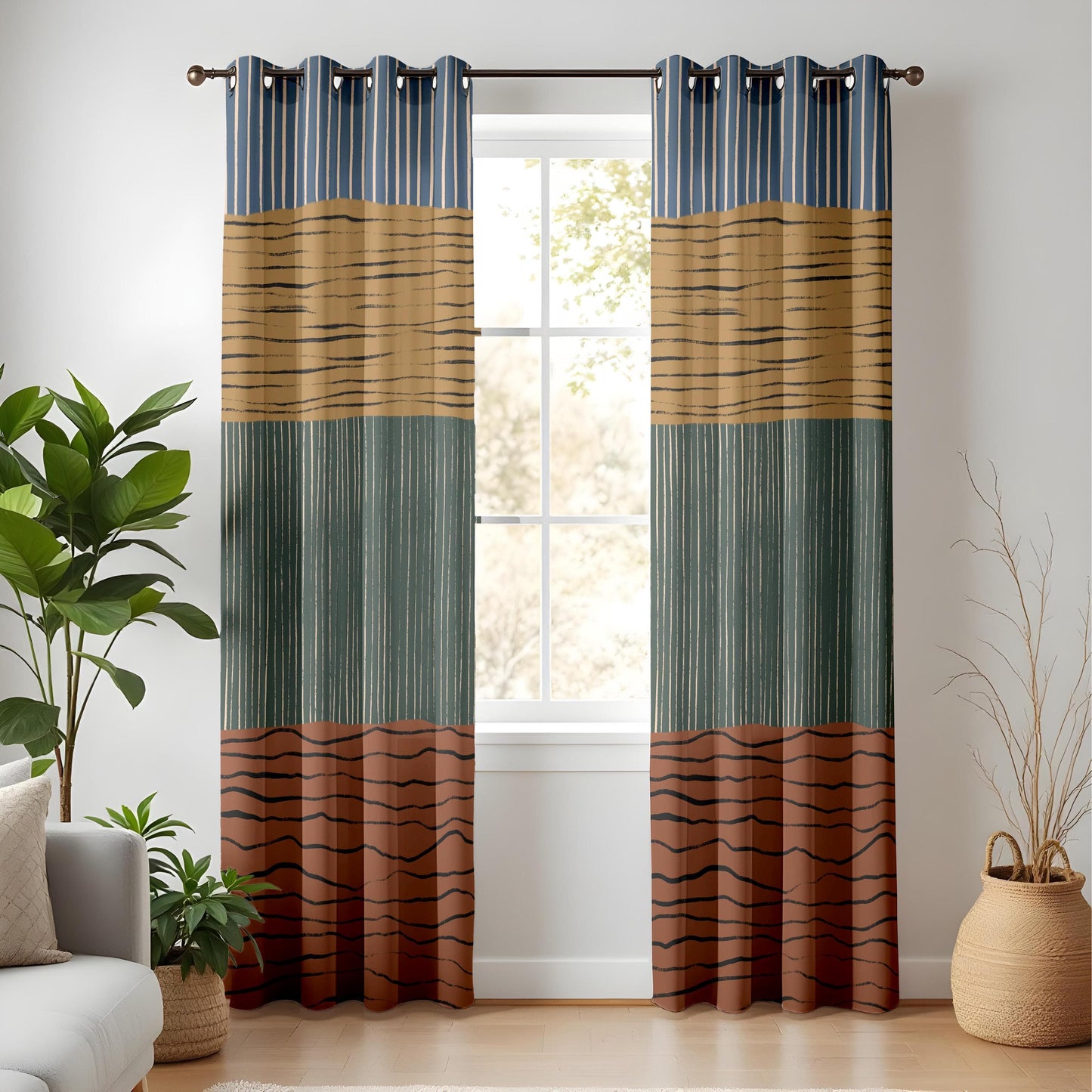 Onay Earthy Boho Stripe Curtains – Hand-Painted Abstract Drapes for Rustic Interiors