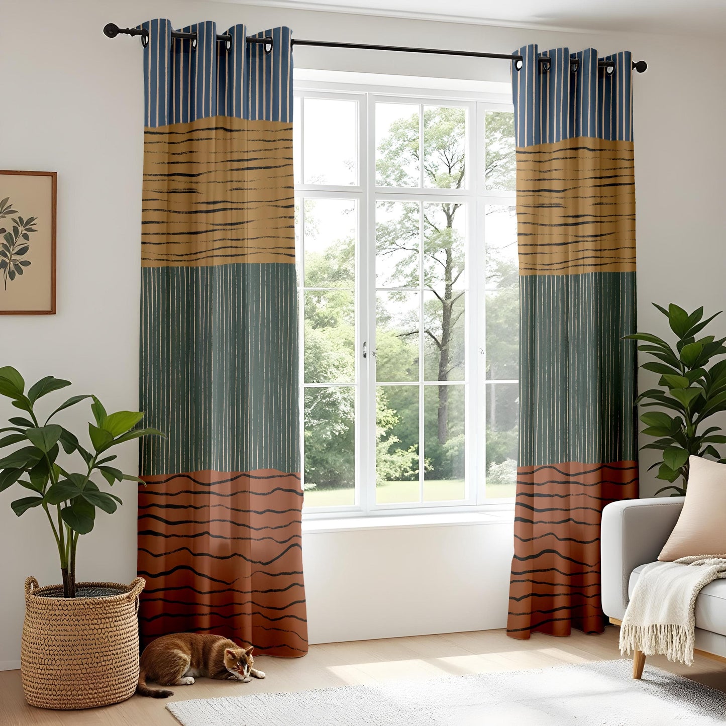 Onay Earthy Boho Stripe Curtains – Hand-Painted Abstract Drapes for Rustic Interiors
