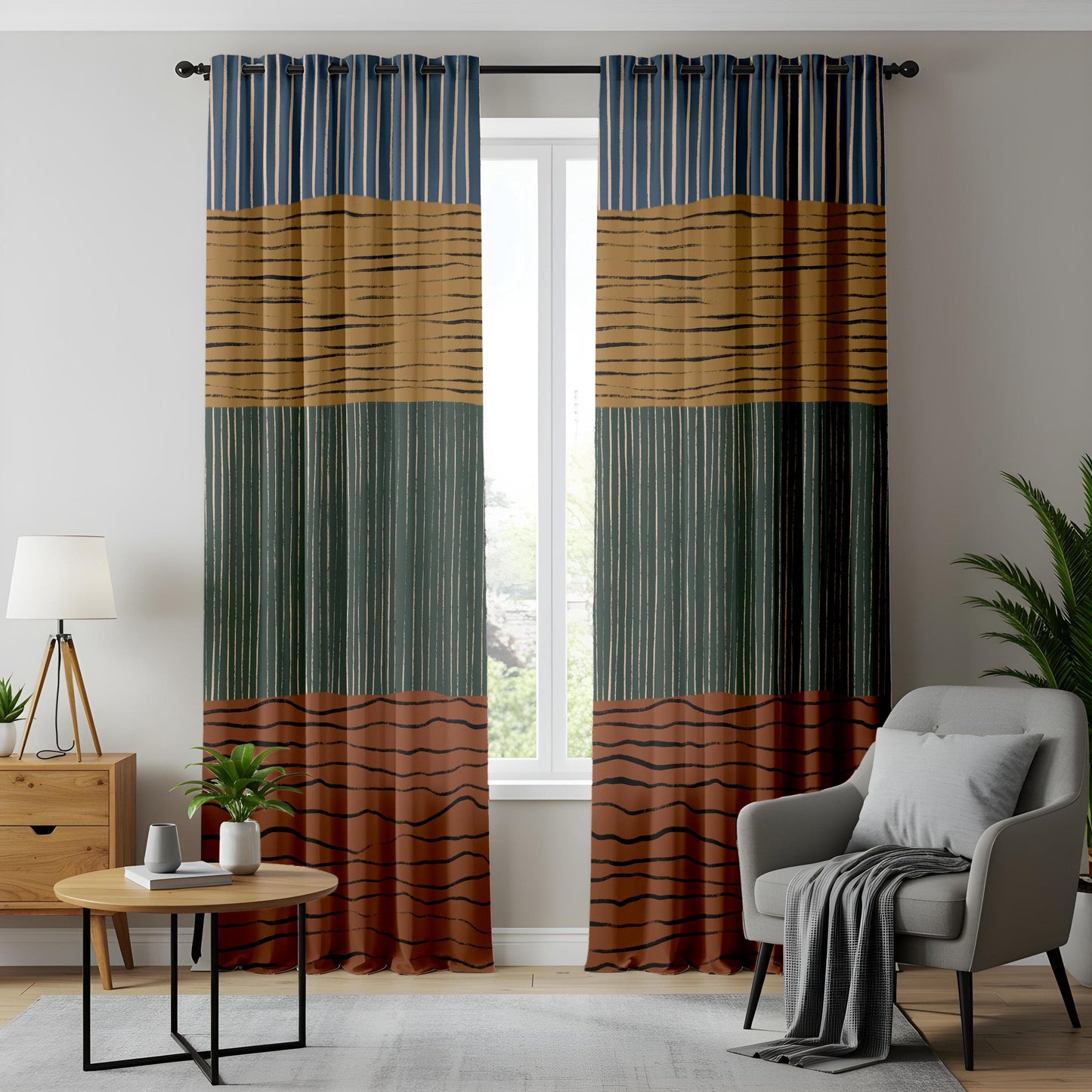 Onay Earthy Boho Stripe Curtains – Hand-Painted Abstract Drapes for Rustic Interiors