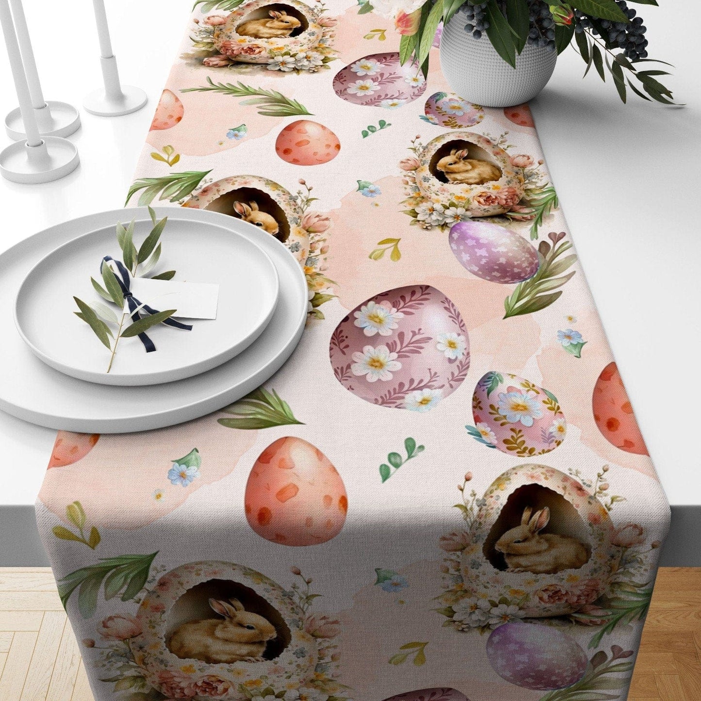 Onay 4 / 12 x 46 inch (30 x 120 cm) Easter Bunney Easter Decoration Orange Pink Table Runner