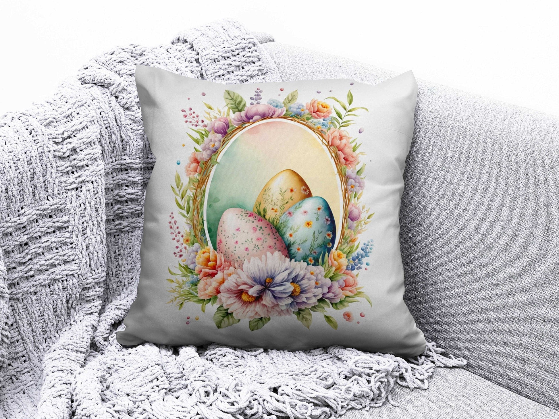 Onay 9 / 12 x 12 inch (30 x 30 cm) Easter Bunny and Easter Basket With Eggs Cushion Cover