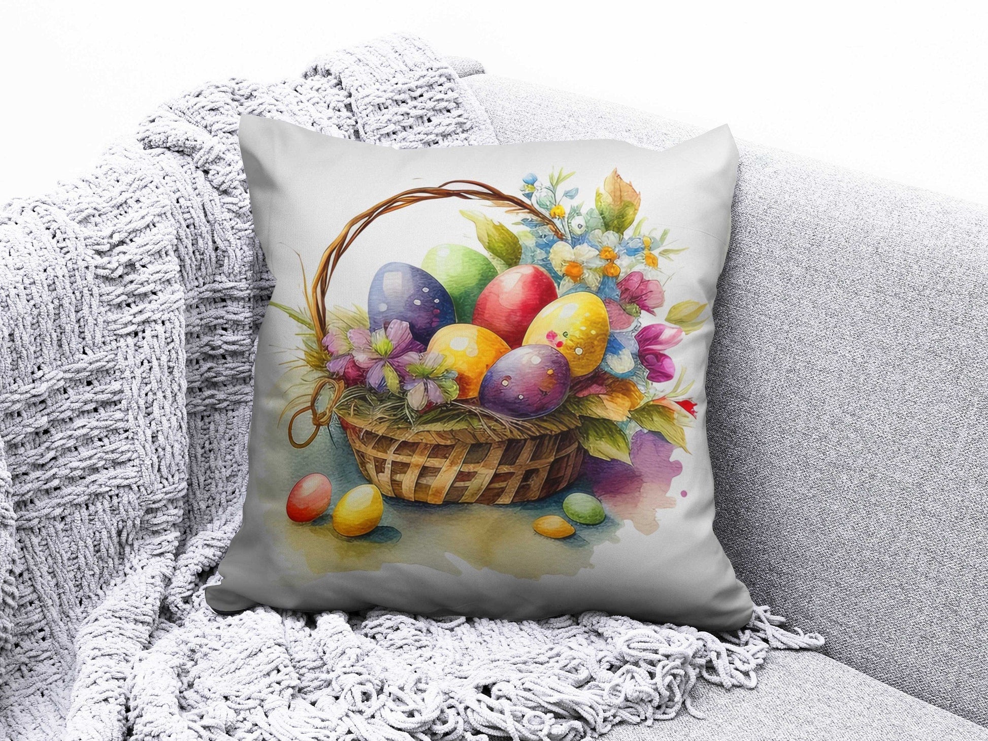 Onay 8 / 12 x 12 inch (30 x 30 cm) Easter Bunny and Easter Basket With Eggs Cushion Cover