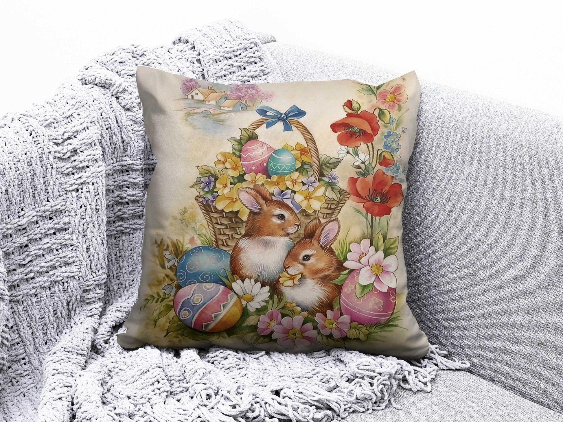 Onay 7 / 12 x 12 inch (30 x 30 cm) Easter Bunny and Easter Basket With Eggs Cushion Cover