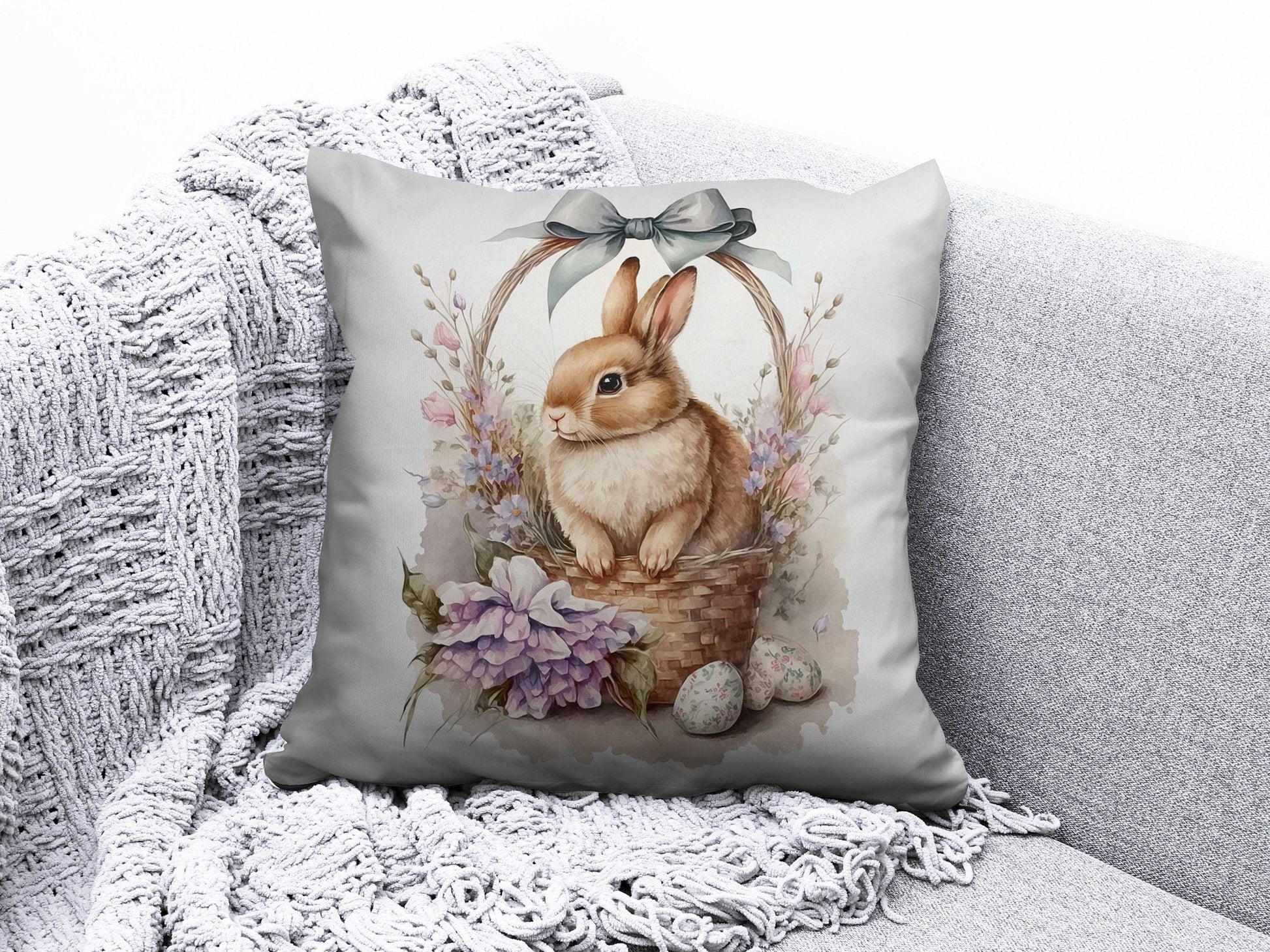 Onay 6 / 12 x 12 inch (30 x 30 cm) Easter Bunny and Easter Basket With Eggs Cushion Cover