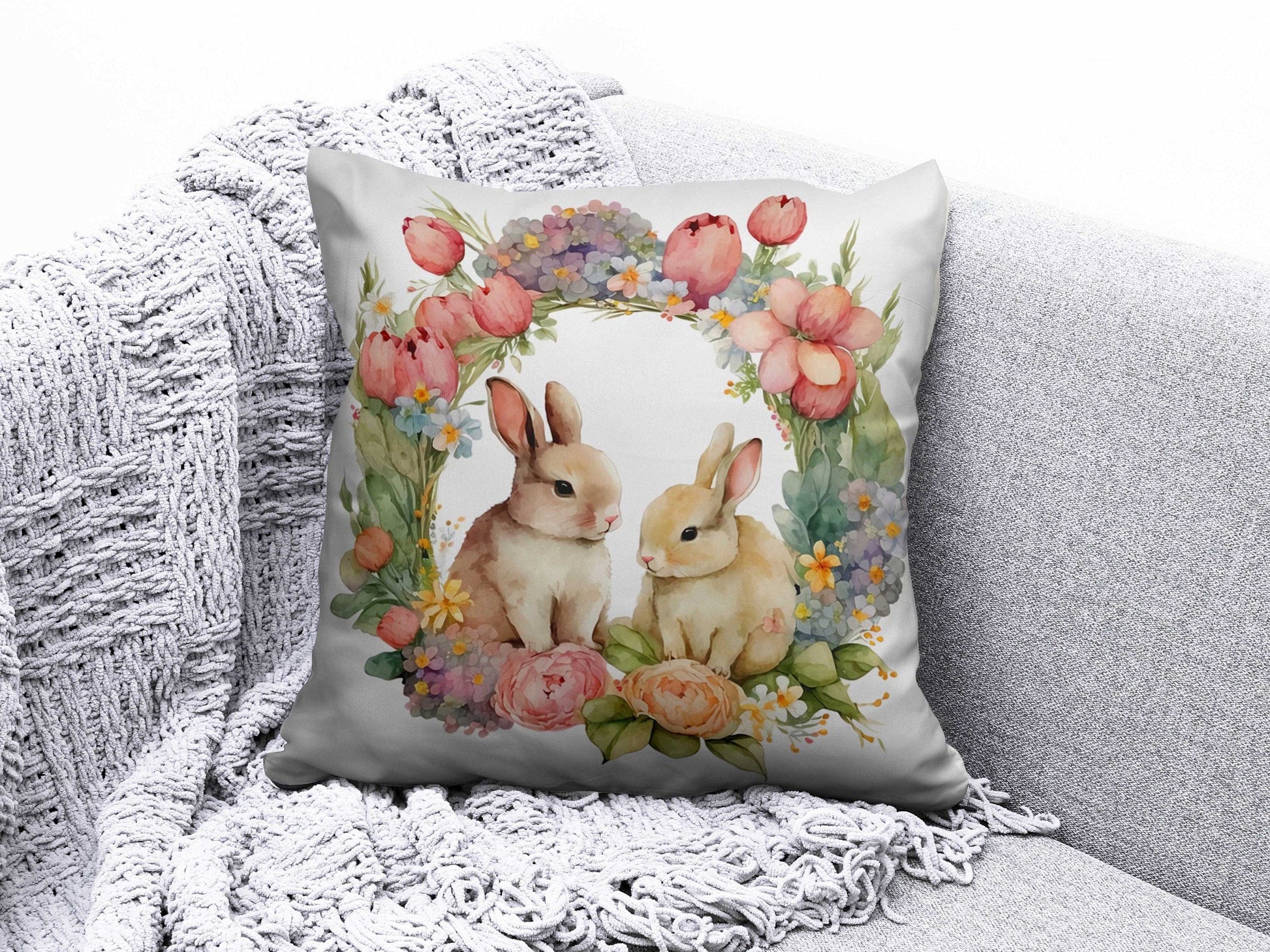 Onay 4 / 12 x 12 inch (30 x 30 cm) Easter Bunny and Easter Basket With Eggs Cushion Cover