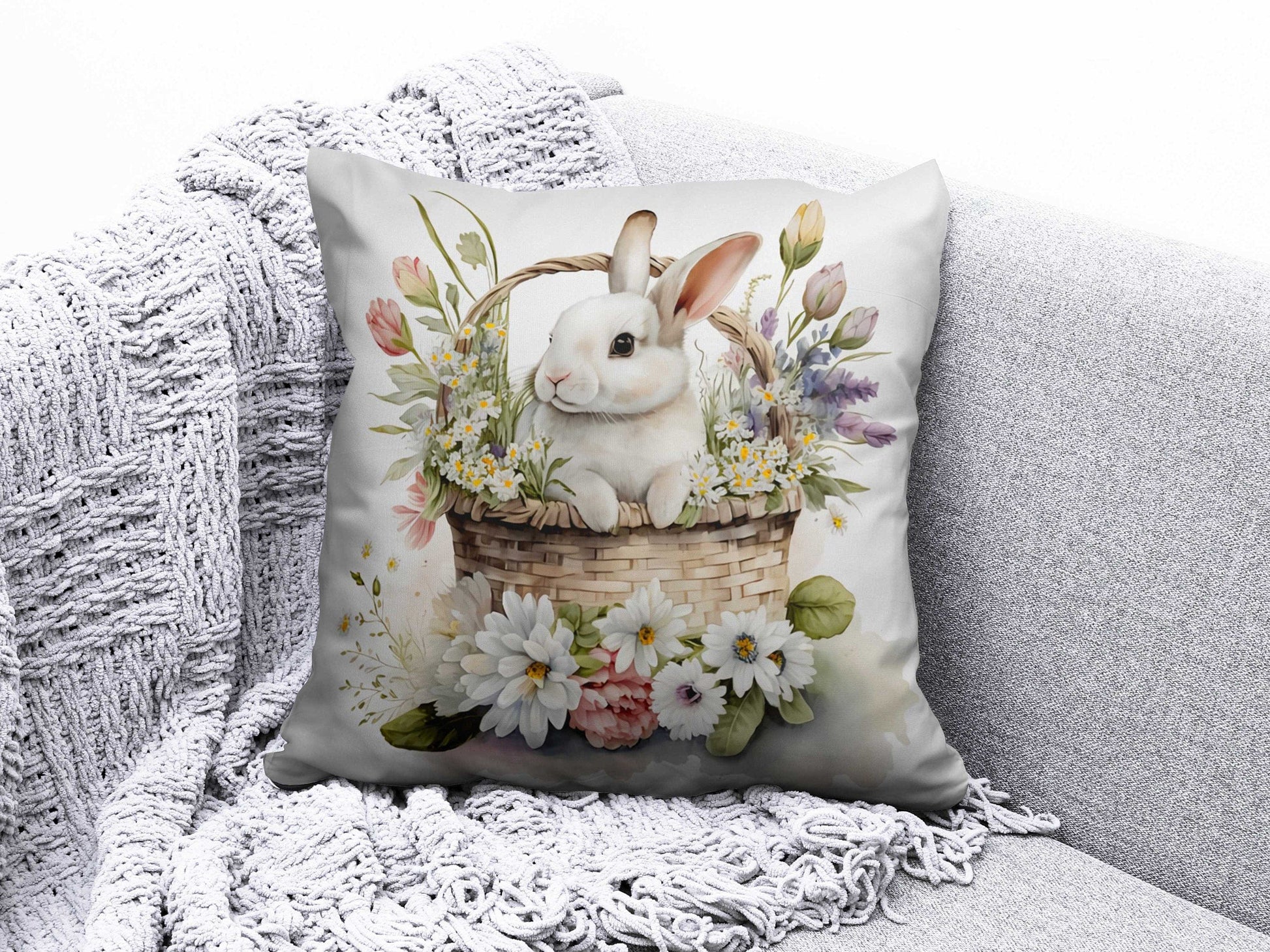 Onay 3 / 12 x 12 inch (30 x 30 cm) Easter Bunny and Easter Basket With Eggs Cushion Cover