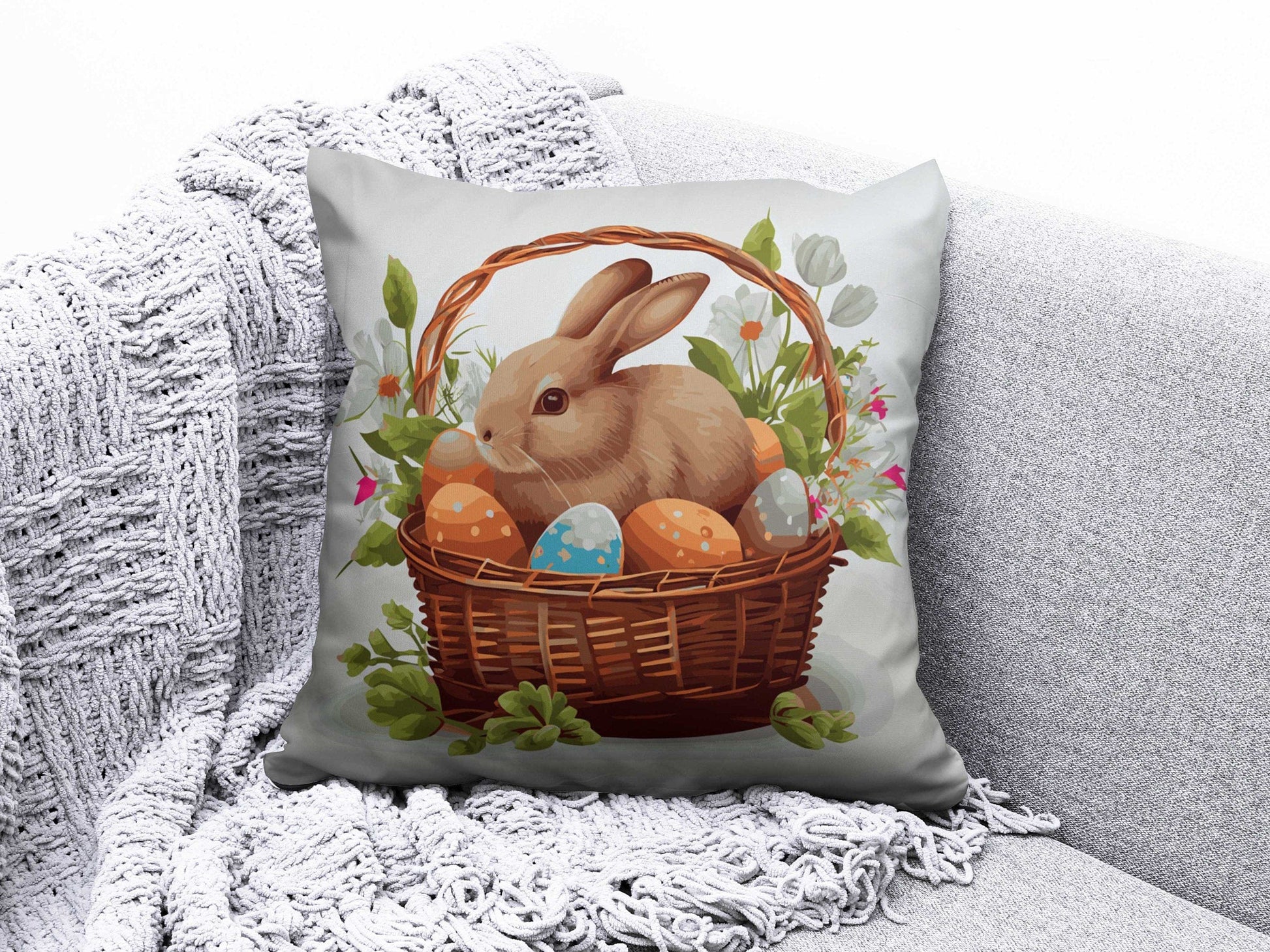 Onay 2 / 12 x 12 inch (30 x 30 cm) Easter Bunny and Easter Basket With Eggs Cushion Cover