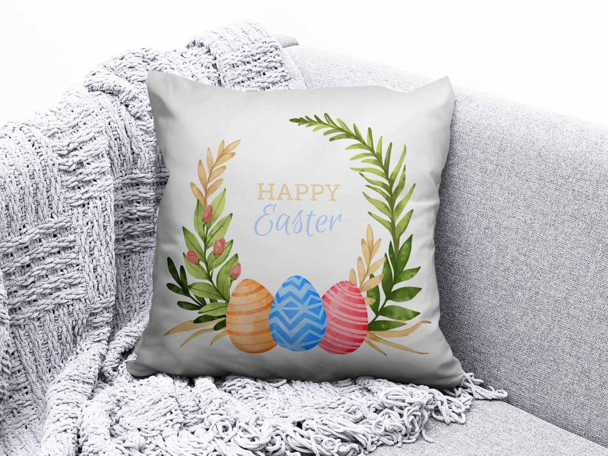Onay 3 / 12 x 12 inch (30 x 30 cm) Easter Eggs Flowers Happy Easter Spring Cushion Cover