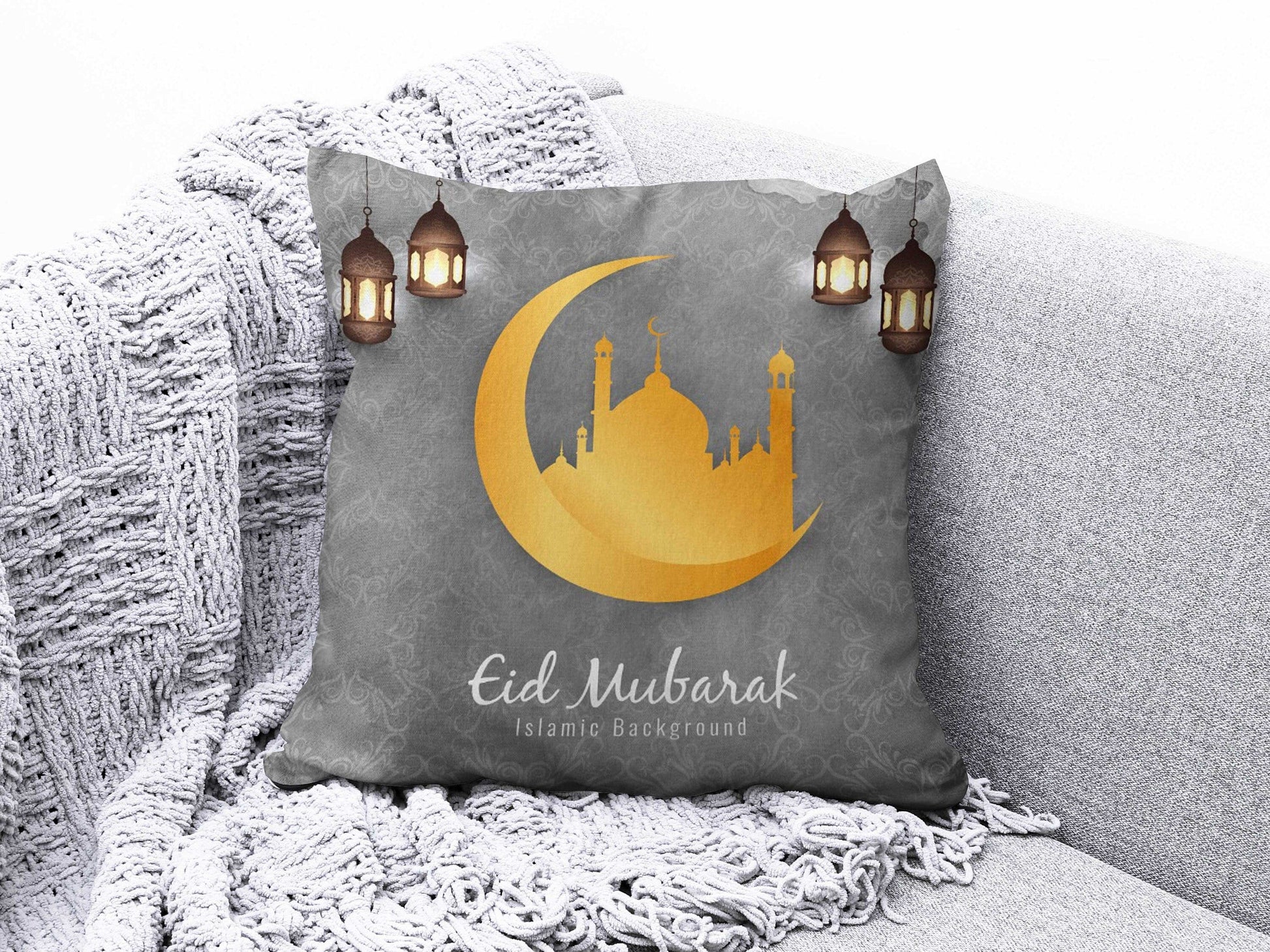 Onay 8 / 12 x 12 inch (30 x 30 cm) Eid Mubarak Arabic Ramadan Kareem Religious Cushion Cover