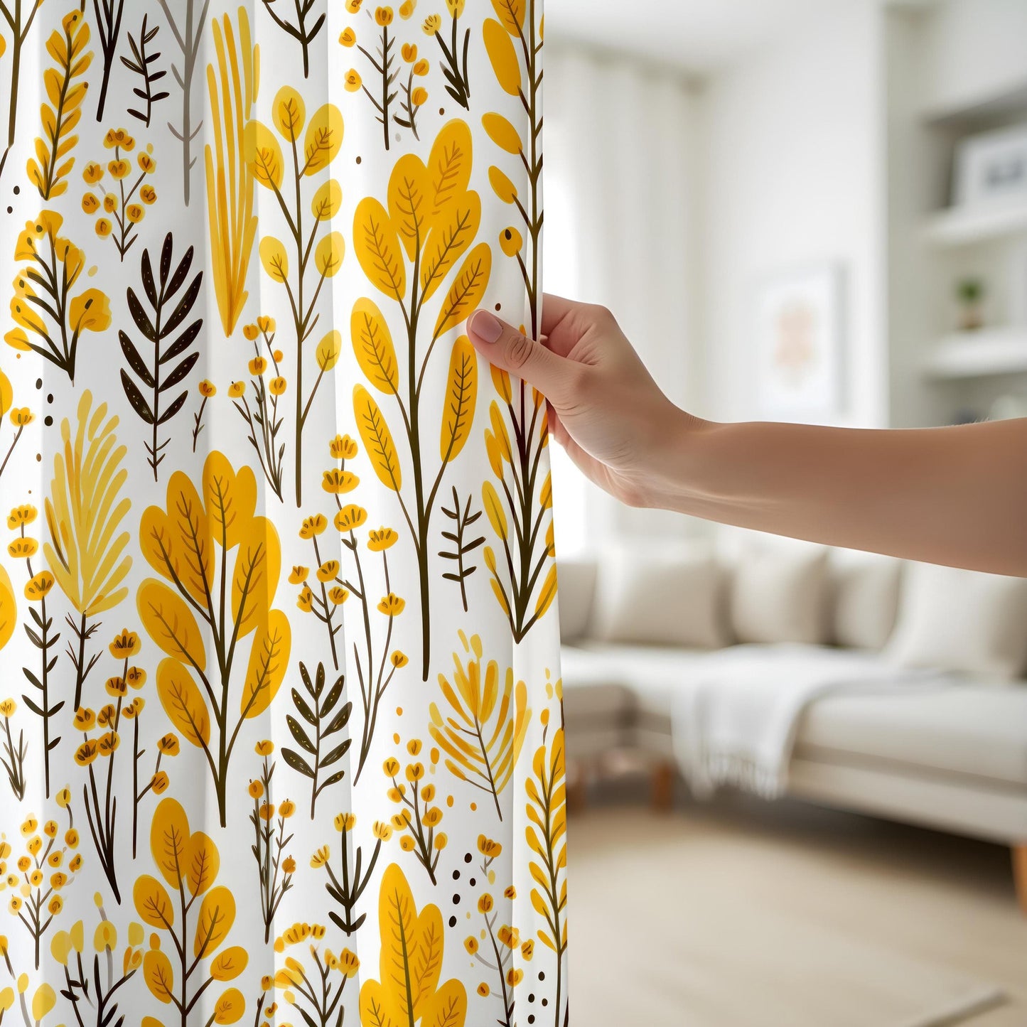 Onay Elegant Floral Curtains, Yellow Flower Curtain, Spring Blossom Printed Drapes