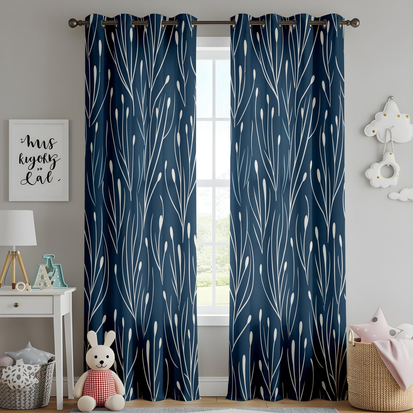 Onay Elegant Navy Blue Botanical Curtains, Modern Floral Pattern Drapes