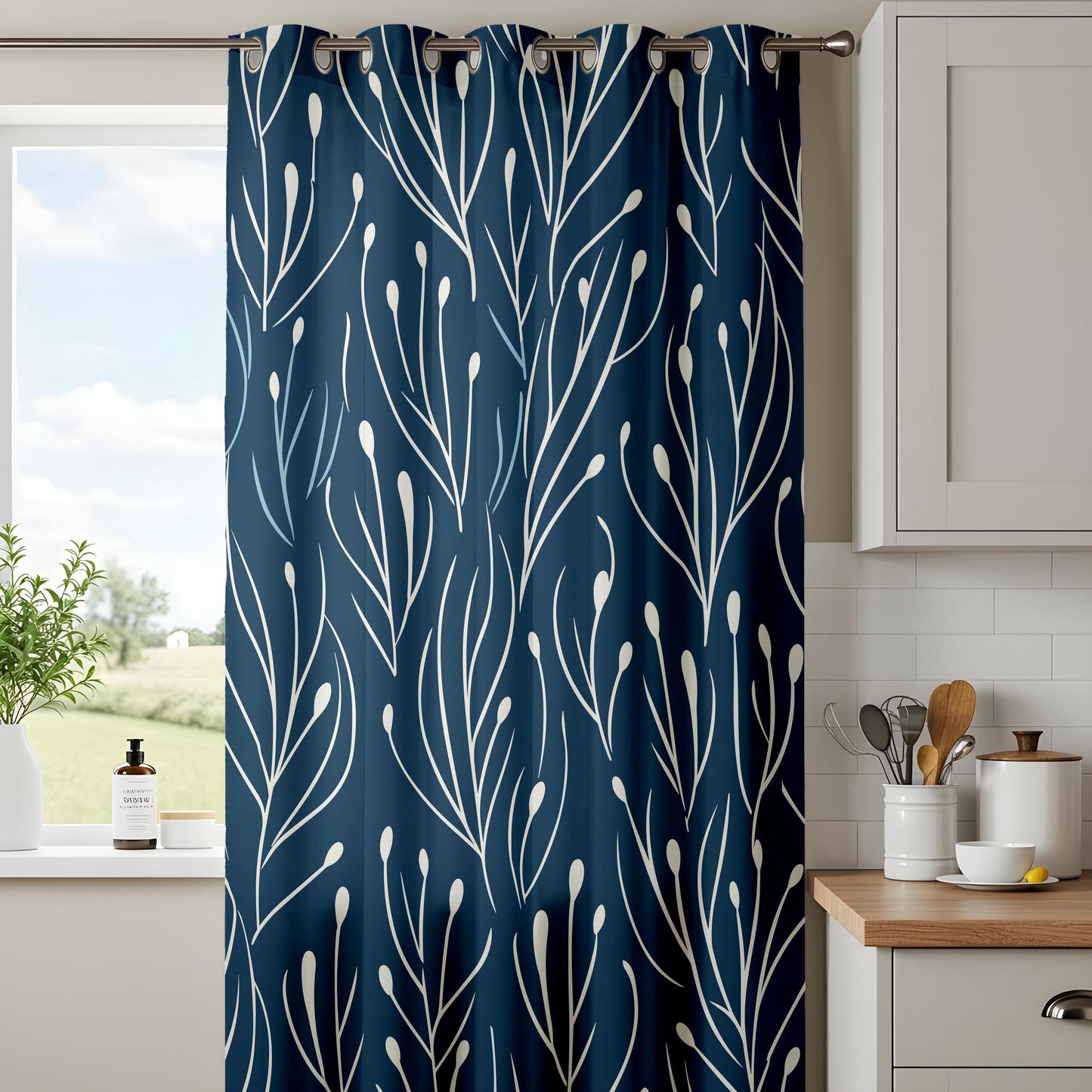Onay Elegant Navy Blue Botanical Curtains, Modern Floral Pattern Drapes