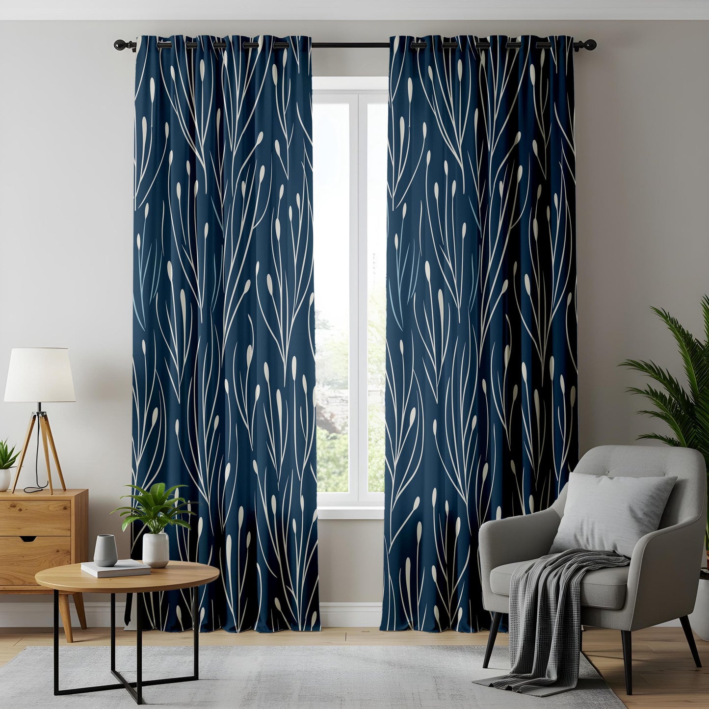 Onay Elegant Navy Blue Botanical Curtains, Modern Floral Pattern Drapes