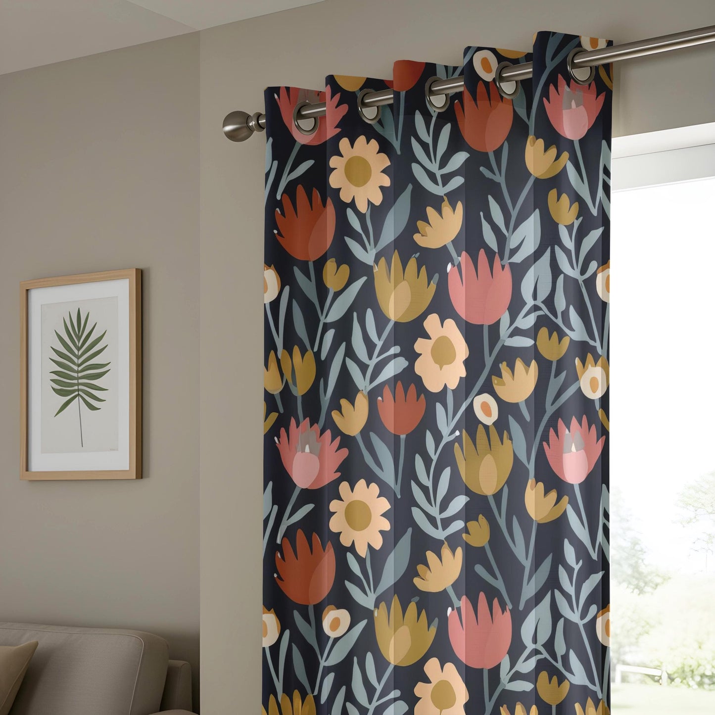 Onay Elegant Navy Floral Curtains, Warm Orange and Pink Flowers