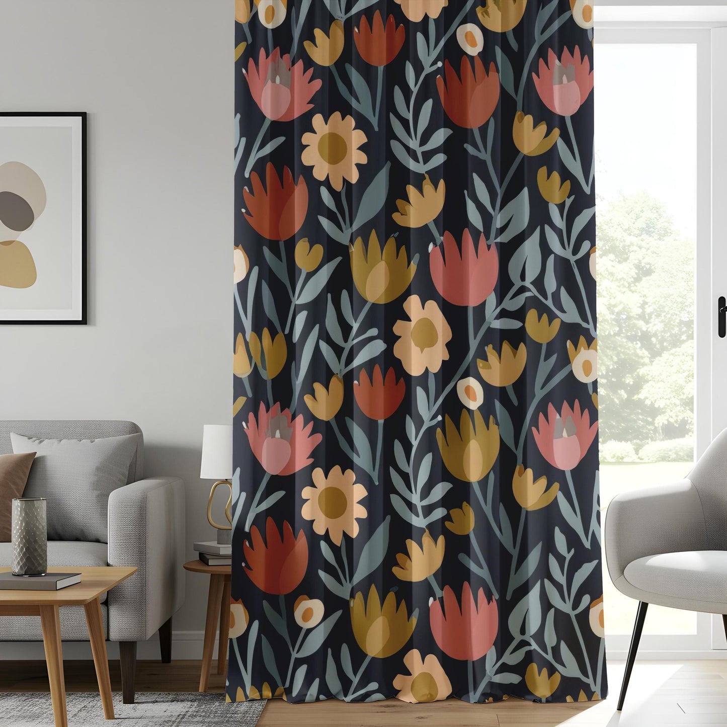 Onay Elegant Navy Floral Curtains, Warm Orange and Pink Flowers