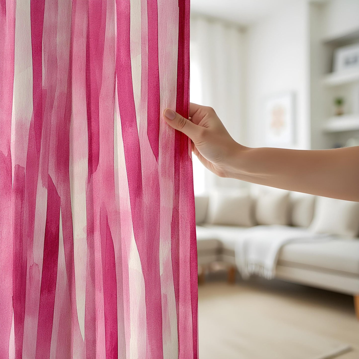 Onay Elegant Pink and White Abstract Watercolor Curtains, Modern Boho Chic Drapes