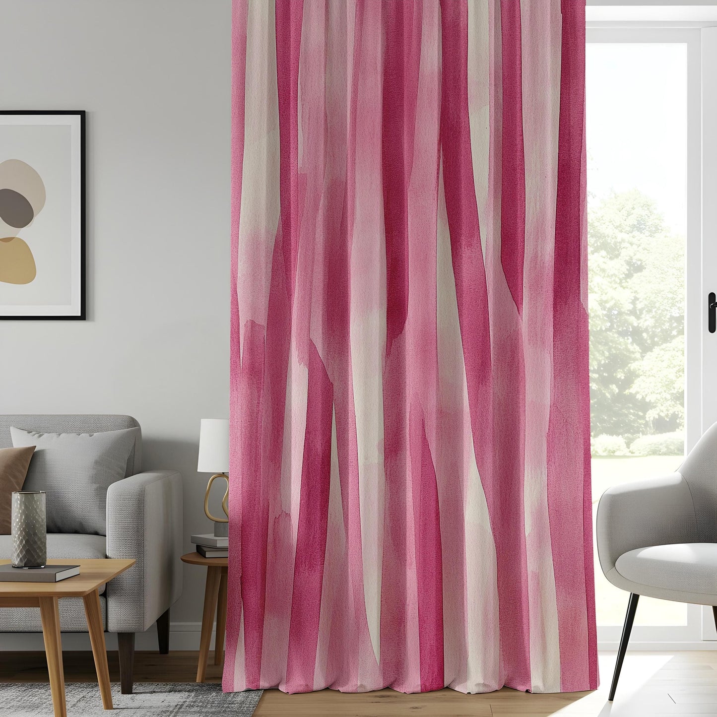 Onay Elegant Pink and White Abstract Watercolor Curtains, Modern Boho Chic Drapes
