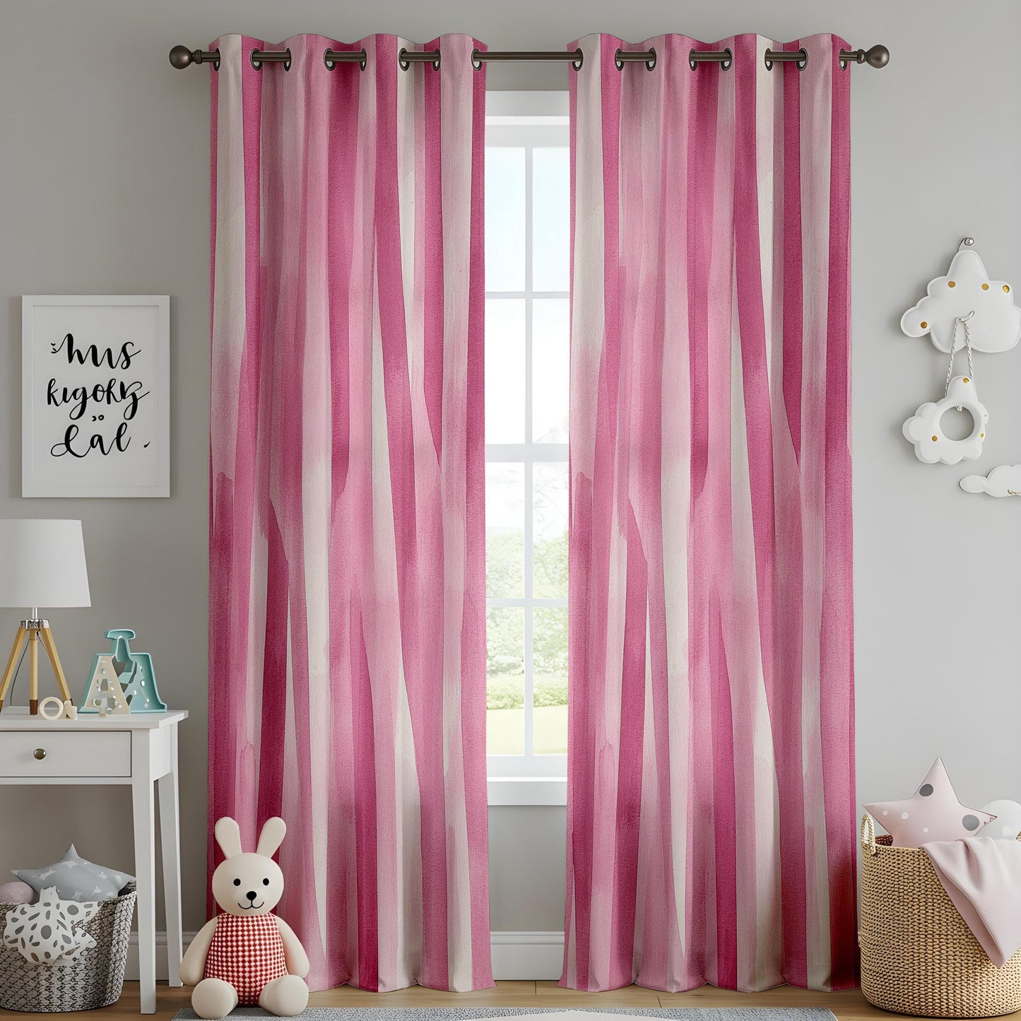 Onay Elegant Pink and White Abstract Watercolor Curtains, Modern Boho Chic Drapes