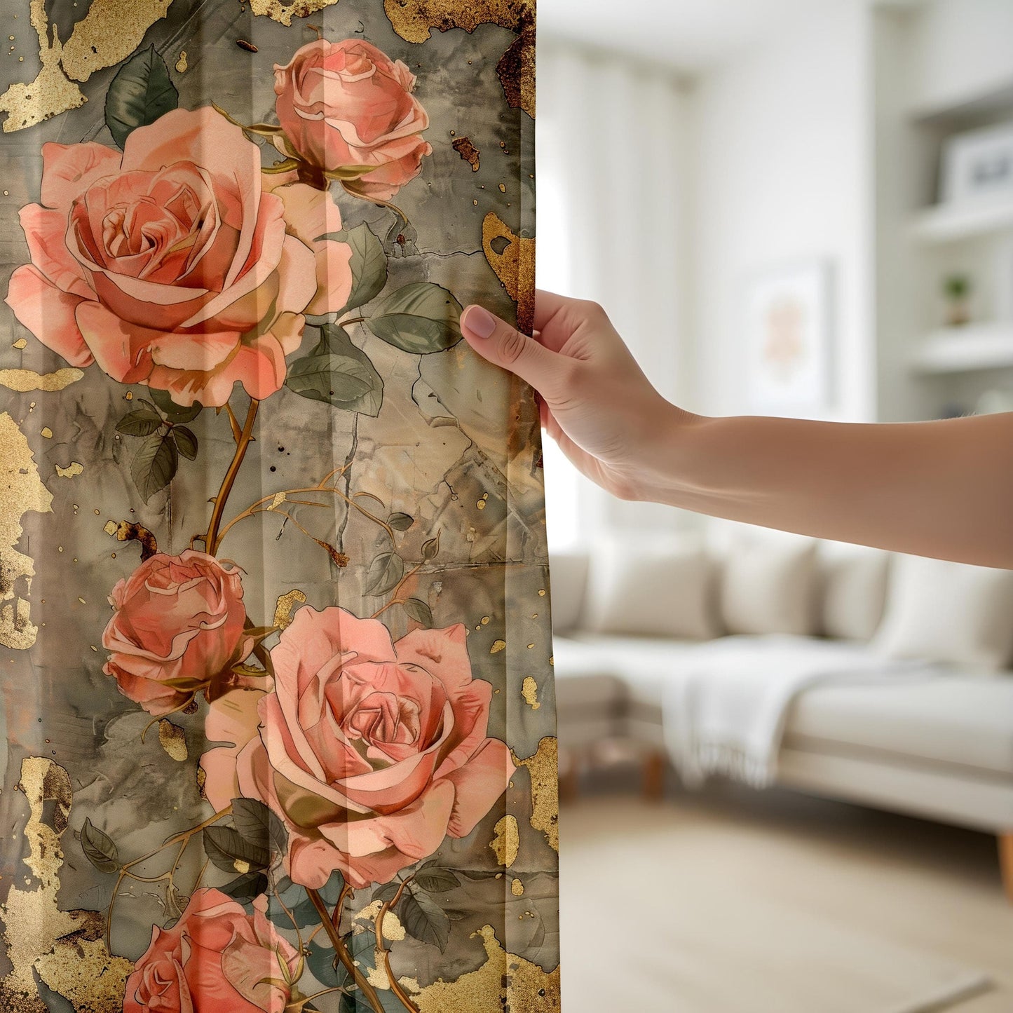 Onay Elegant Pink Rose Curtains or Drapes with Gold Accents