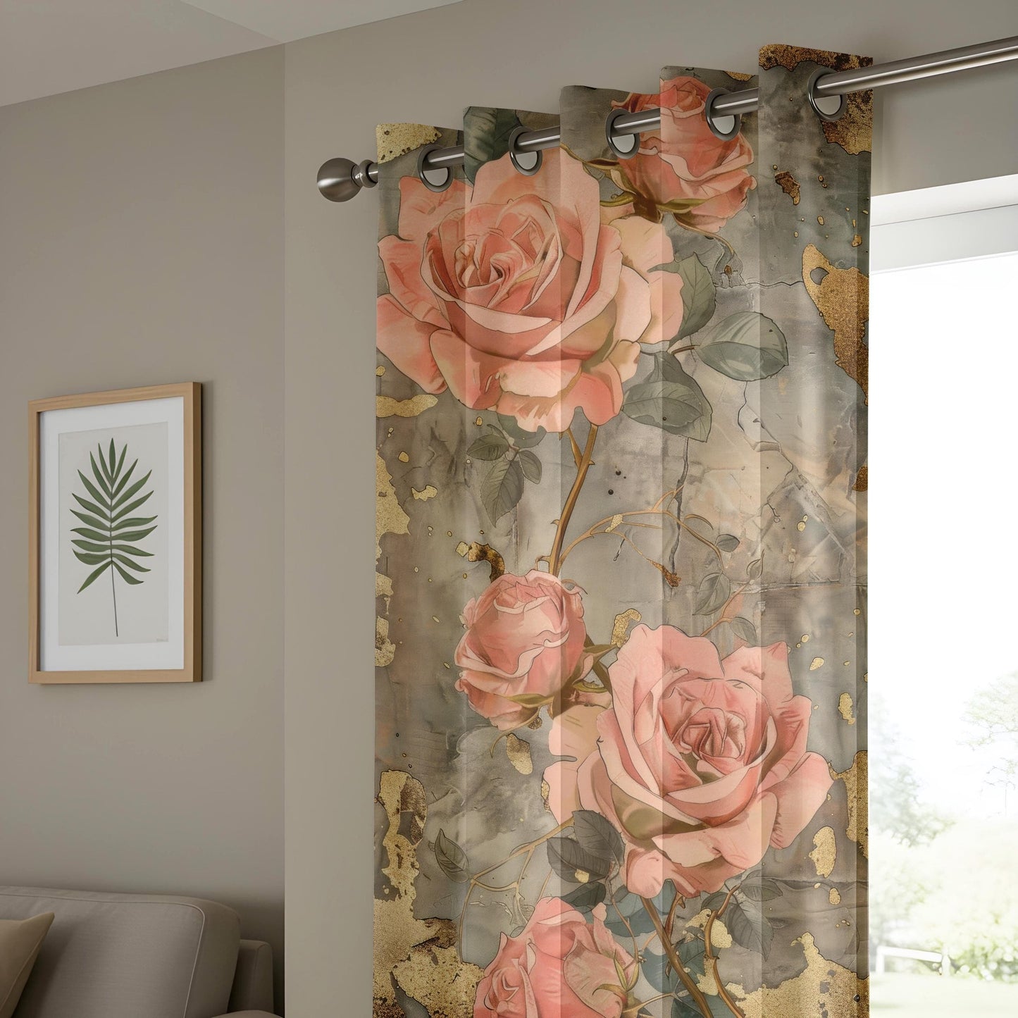 Onay Elegant Pink Rose Curtains or Drapes with Gold Accents