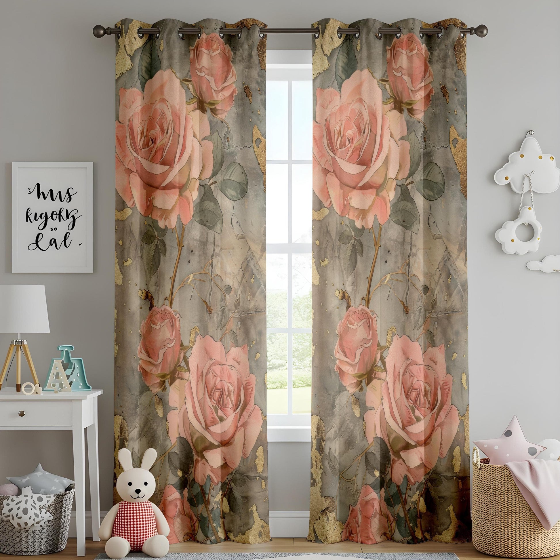 Onay Elegant Pink Rose Curtains or Drapes with Gold Accents