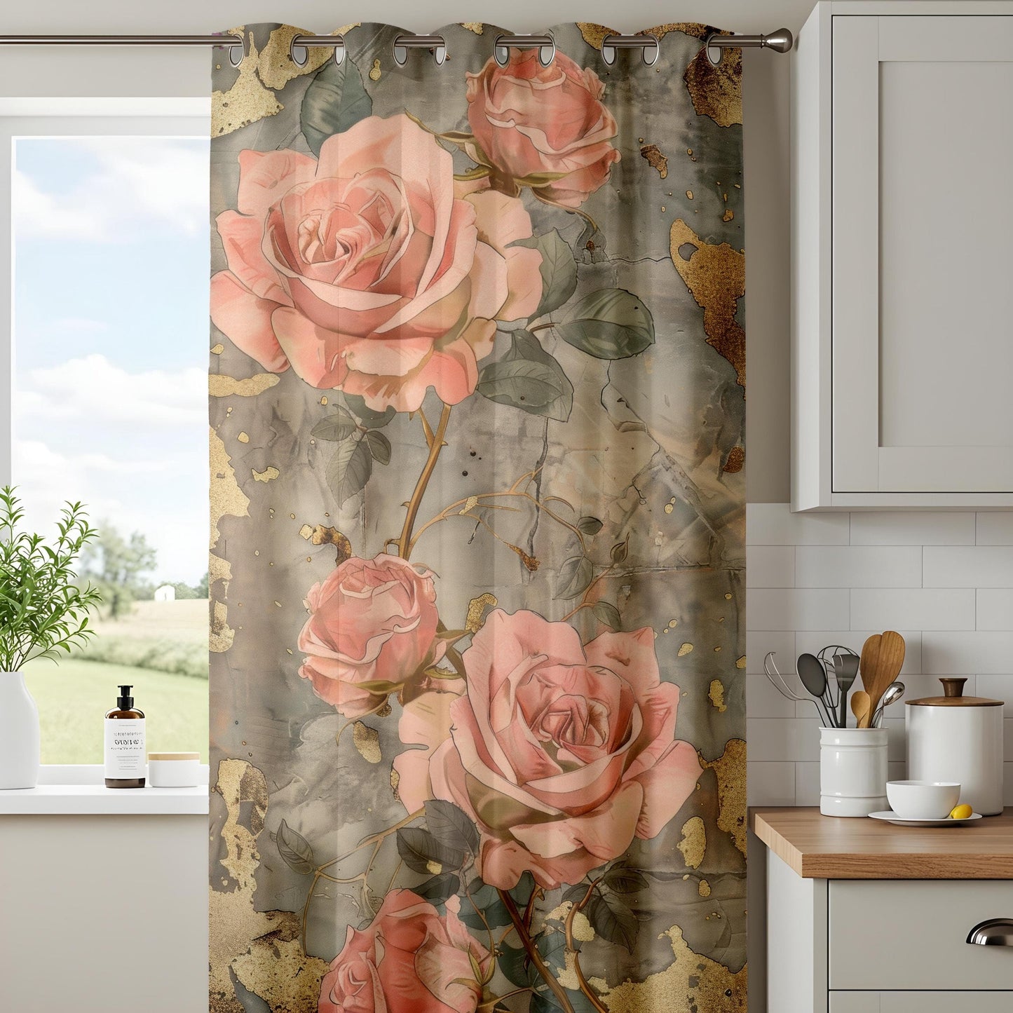 Onay Elegant Pink Rose Curtains or Drapes with Gold Accents