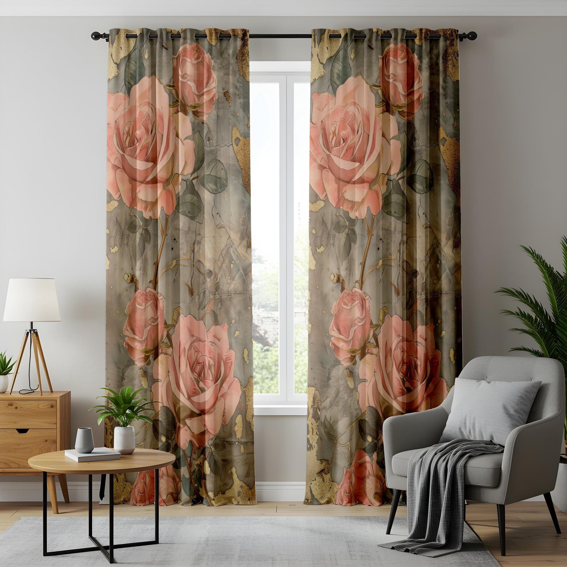 Onay Elegant Pink Rose Curtains or Drapes with Gold Accents