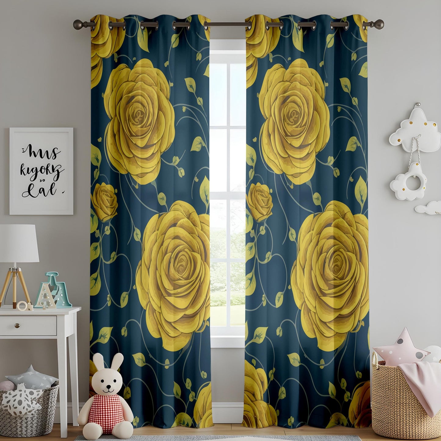 Onay Elegant Yellow Rose & Navy Blue Curtains – Gold Botanical Drapes