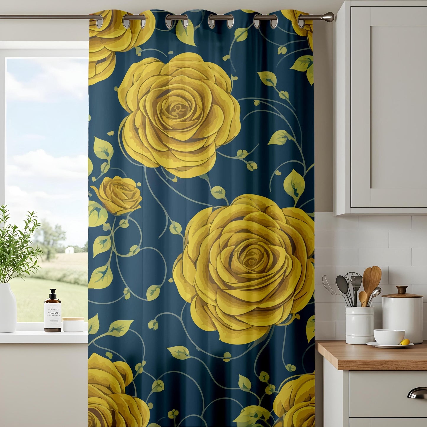 Onay Elegant Yellow Rose & Navy Blue Curtains – Gold Botanical Drapes