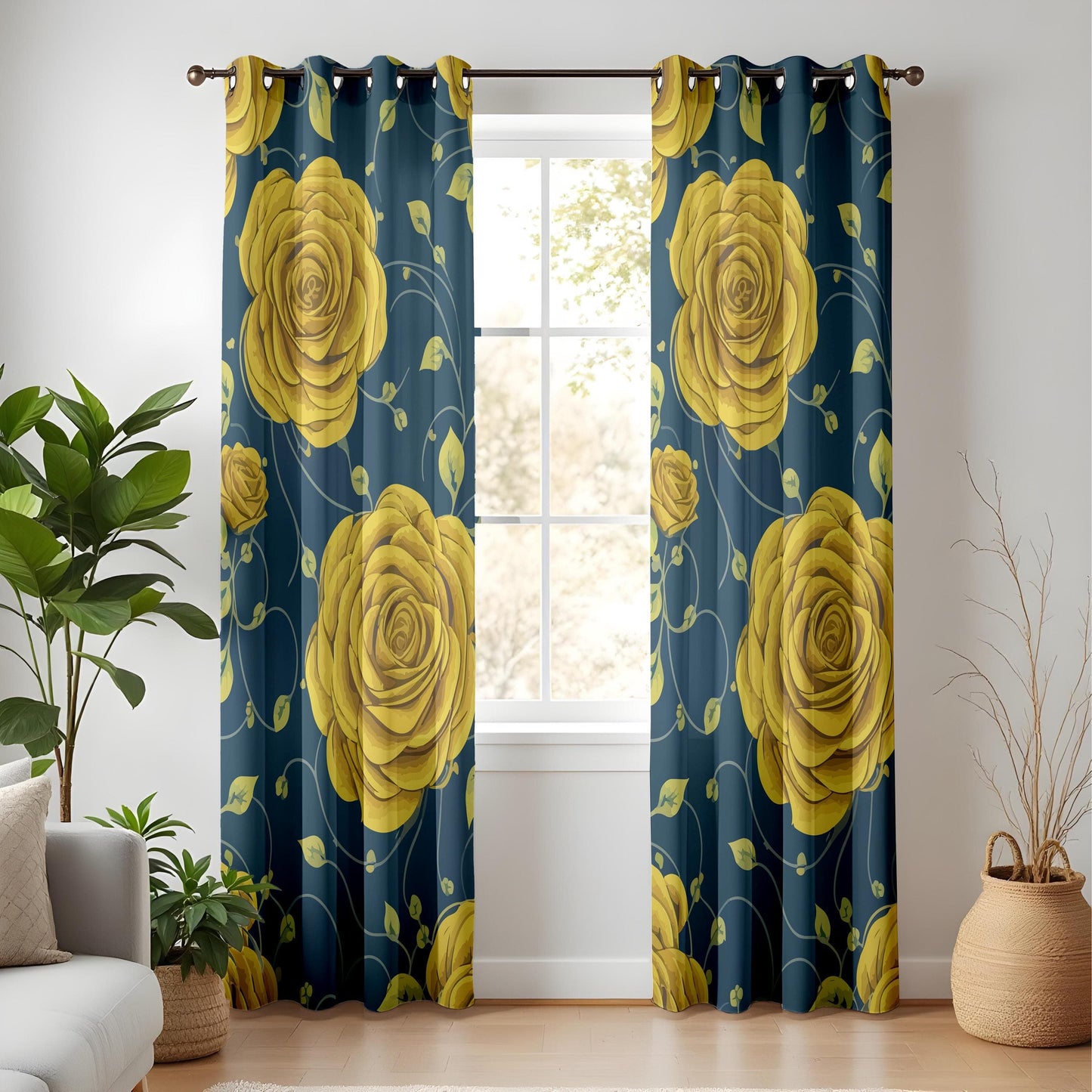 Onay Elegant Yellow Rose & Navy Blue Curtains – Gold Botanical Drapes