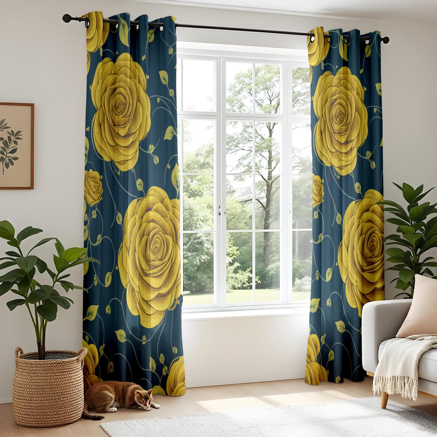 Onay Elegant Yellow Rose & Navy Blue Curtains – Gold Botanical Drapes