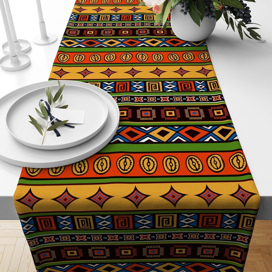 Onay Home Textile 12 x 46 inch (30 x 120 cm) / 4 Ethnic Table Runner Yellow Tribal Vivid Aztec Tablecloth