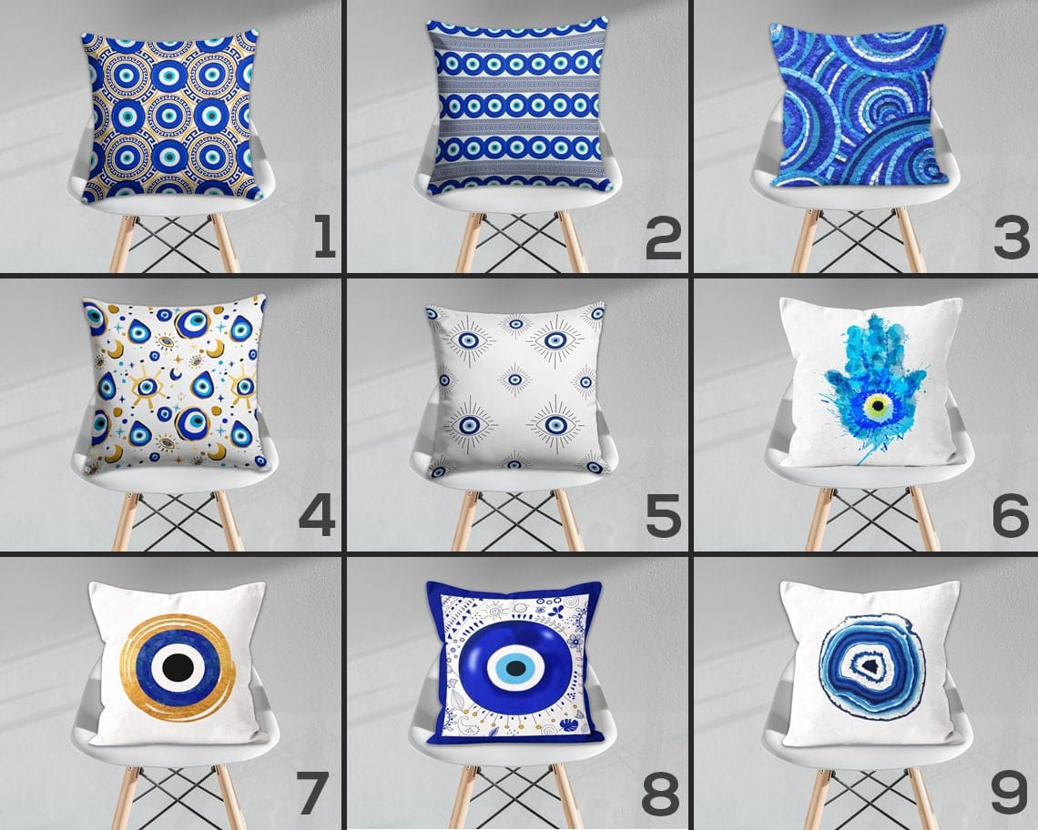 Onay Evil Eye Blue Nazar Bead Blue Custom Size Cushion Cover