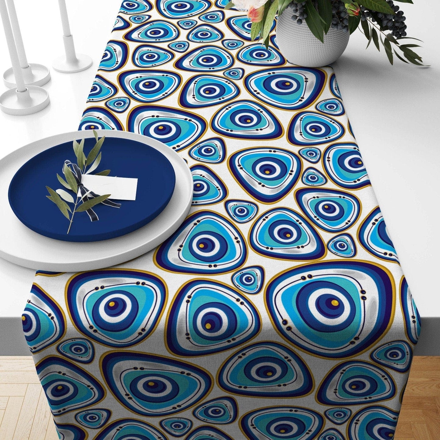 Onay Home Textile table runner 3 / 12 x 46 inch (30 x 120 cm) Evil Eye Table Runners Blue Tablecloth Kitchen Runner