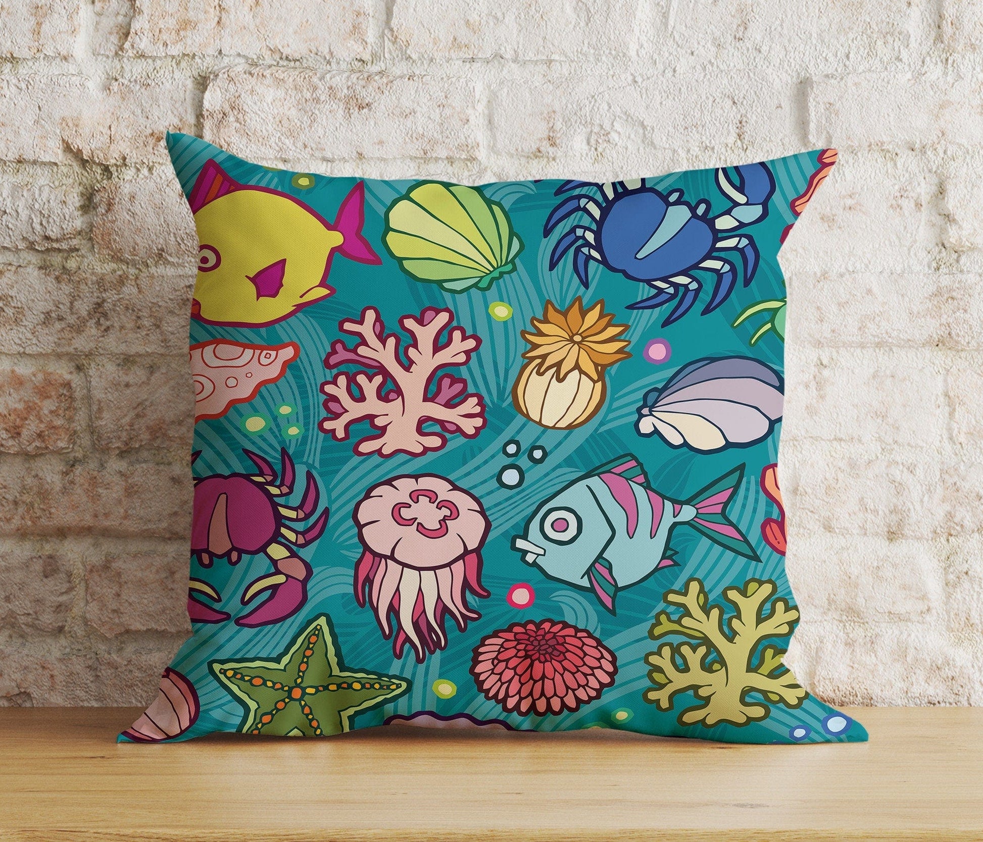 Onay 2 / 12 x 12 inch (30 x 30 cm) Fish & Sea Star Blue Kid's Room Decoration Cushion Cover