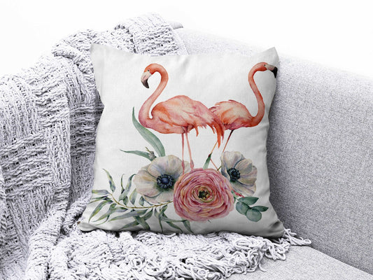Onay 1 / 12 x 12 inch (30 x 30 cm) Flamingo and Peafowl Farmhouse Decor Cushion Cover